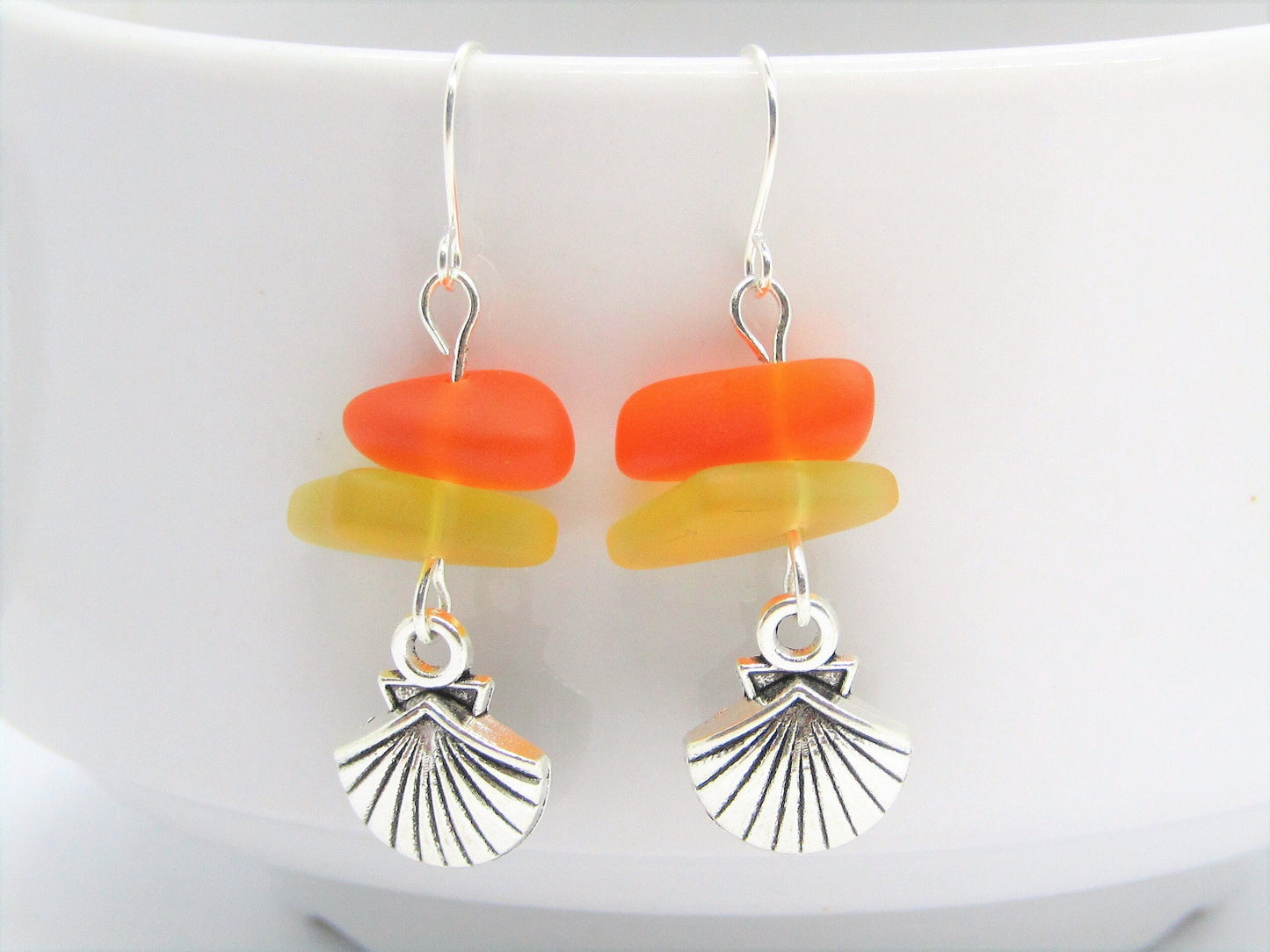 Sterling Silver Sea Glass Earrings: Seashell Charm Dangle Earrings