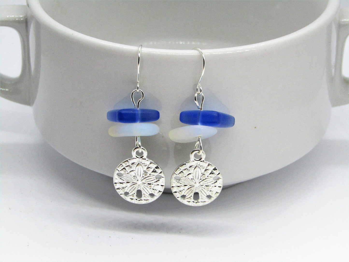 Frosted Sea Glass Sand Dollar Earrings: Sterling Silver Dangle Earrings
