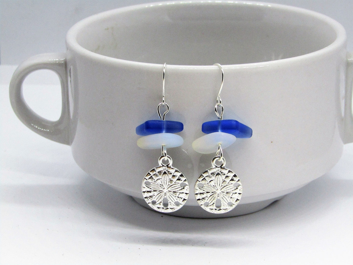 Frosted Sea Glass Sand Dollar Earrings: Sterling Silver Dangle Earrings