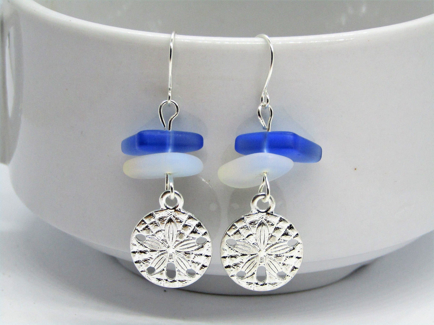 Frosted Sea Glass Sand Dollar Earrings: Sterling Silver Dangle Earrings