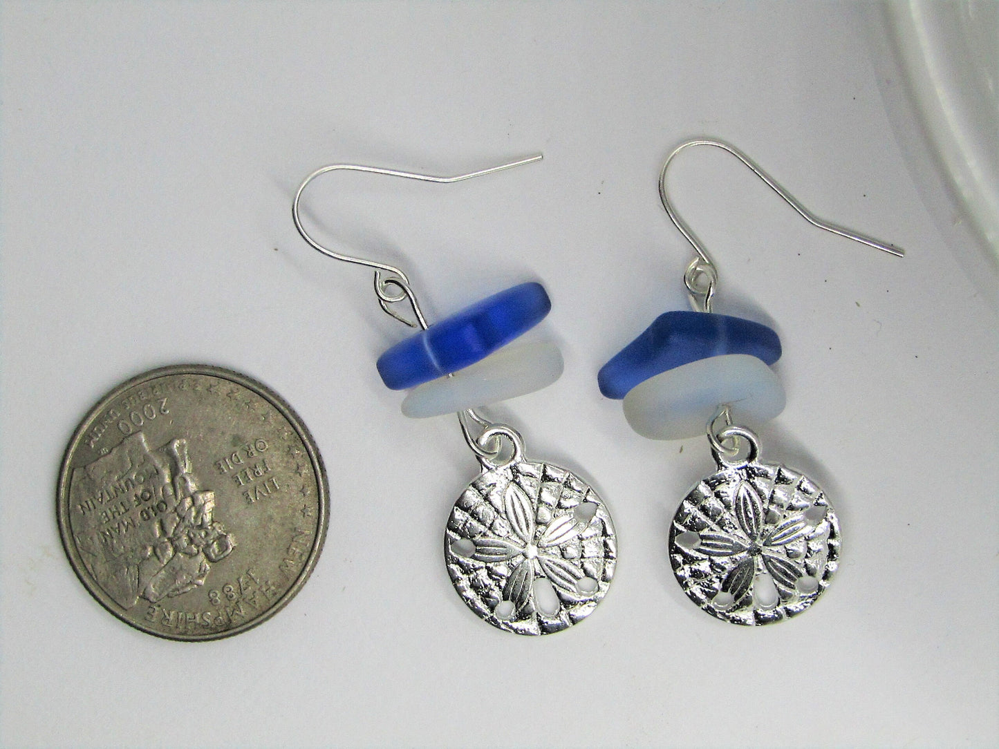 Frosted Sea Glass Sand Dollar Earrings: Sterling Silver Dangle Earrings