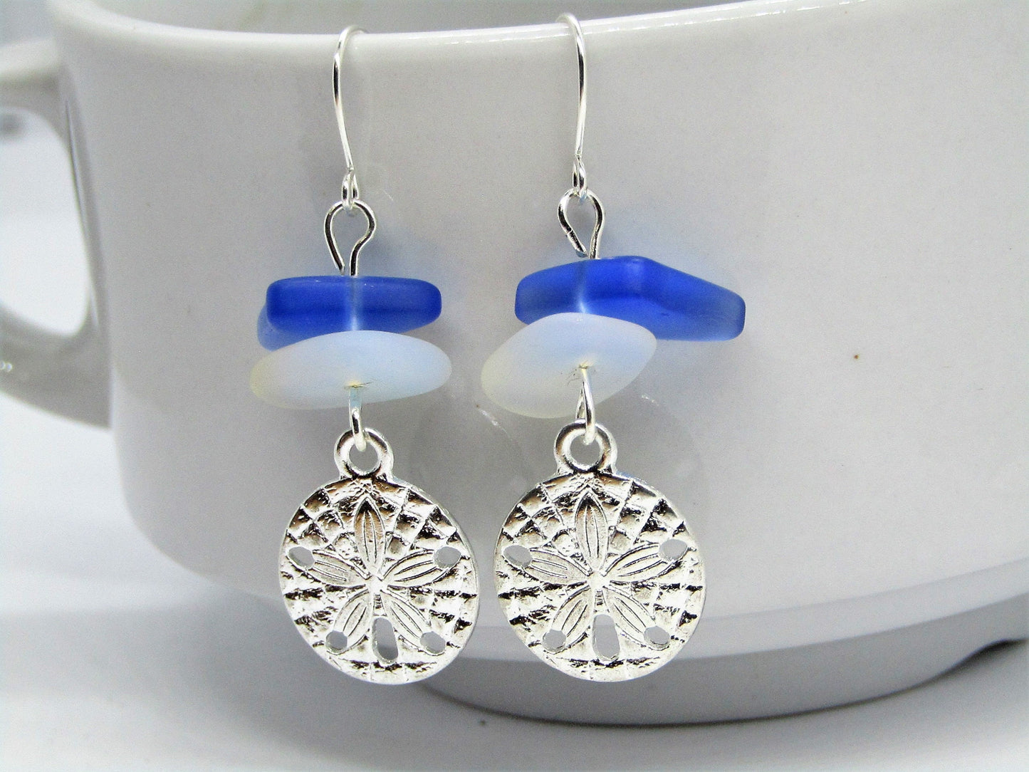 Frosted Sea Glass Sand Dollar Earrings: Sterling Silver Dangle Earrings