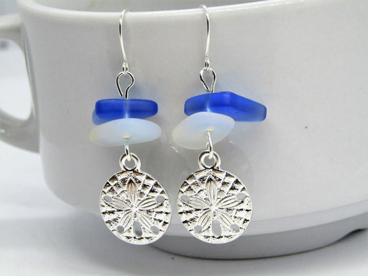 Frosted Sea Glass Sand Dollar Earrings: Sterling Silver Dangle Earrings