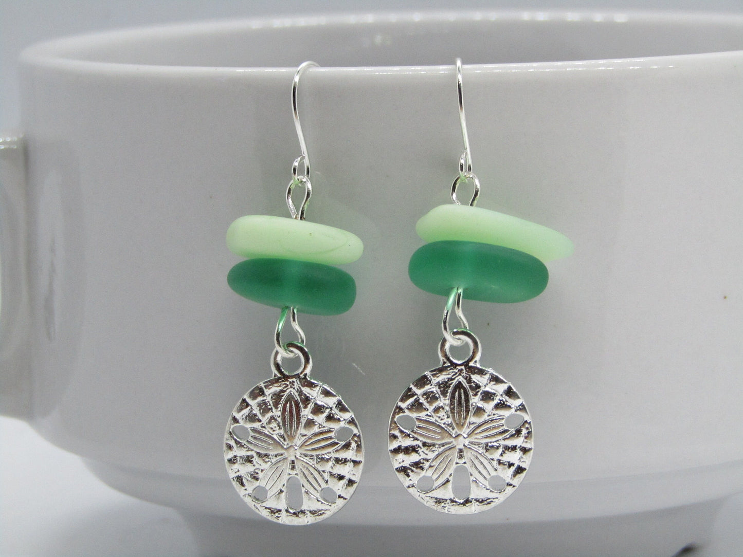 Frosted Sea Glass Earrings: Silver Sand Dollar Dangles