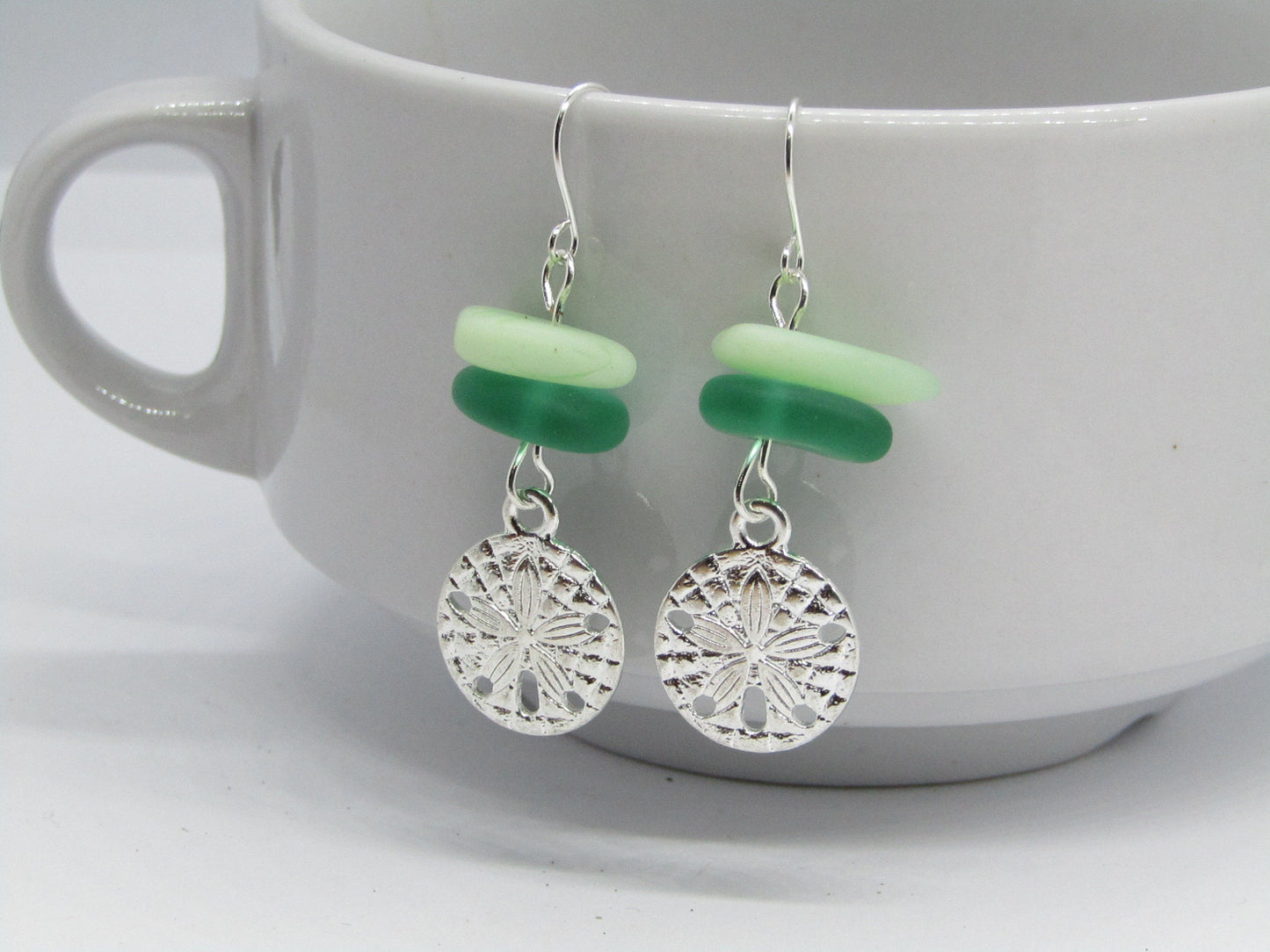 Frosted Sea Glass Earrings: Silver Sand Dollar Dangles