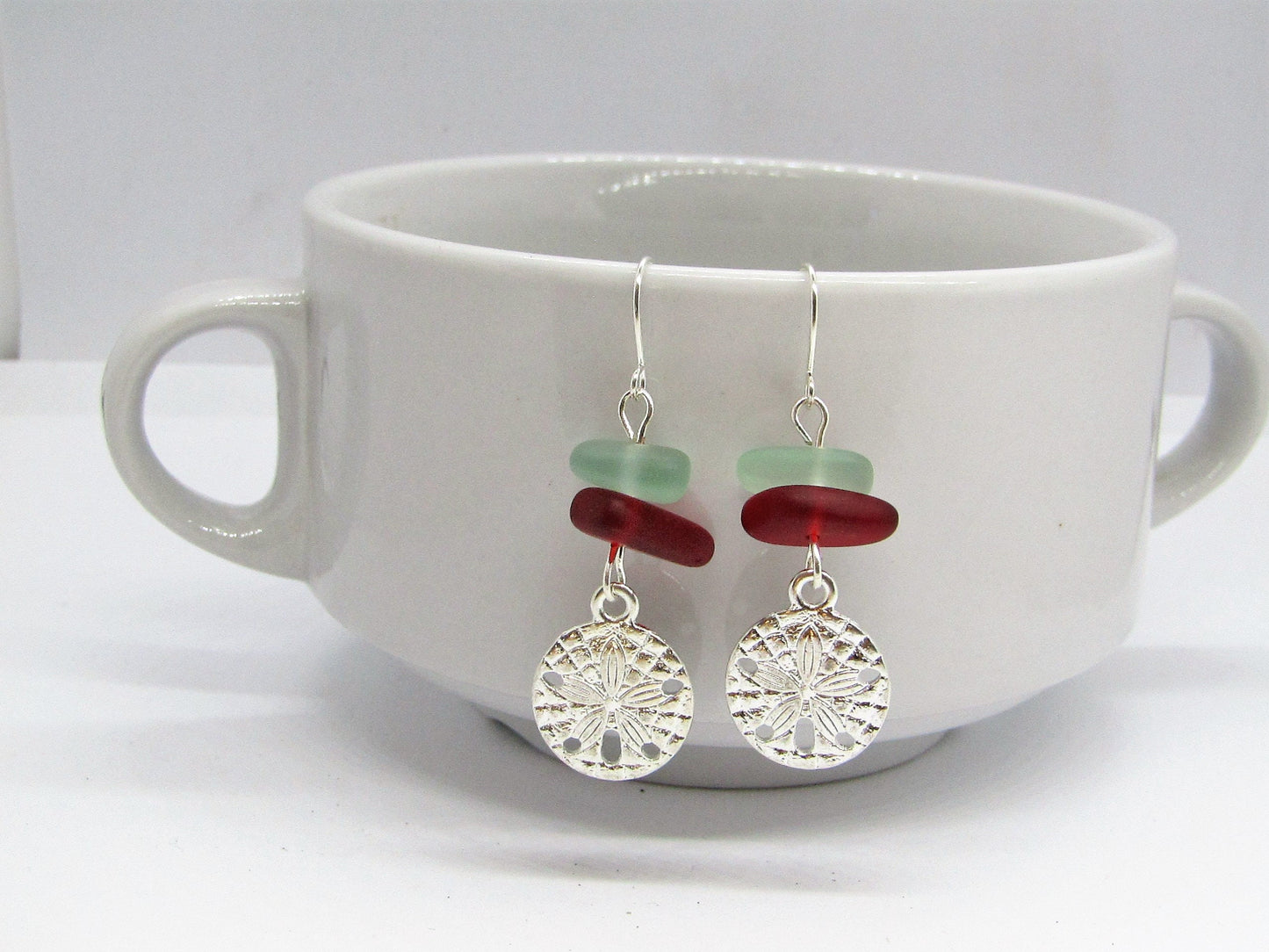 Frosted Sea Glass Earrings: Red & Blue Pebble, Silver Sand Dollar Charm