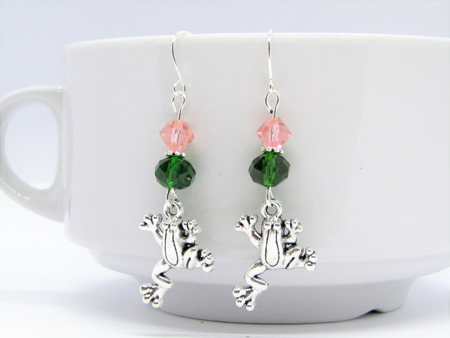 Frog Dangle Earrings: Green & Pink Glass Beads, Silver Toad Charm