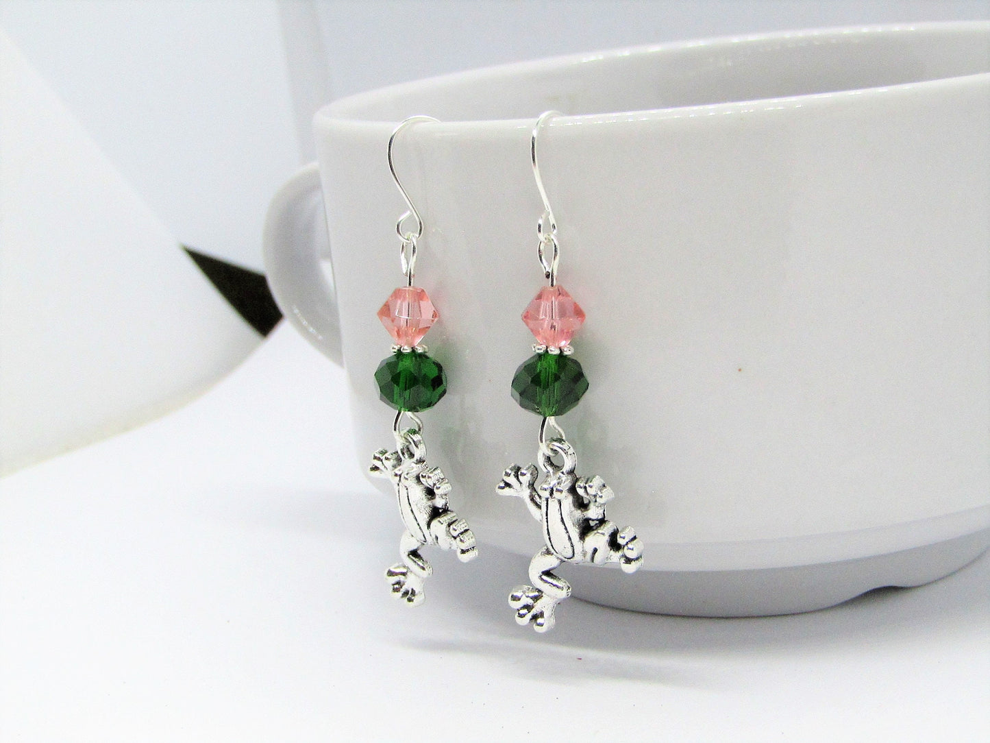 Frog Dangle Earrings: Green & Pink Glass Beads, Silver Toad Charm