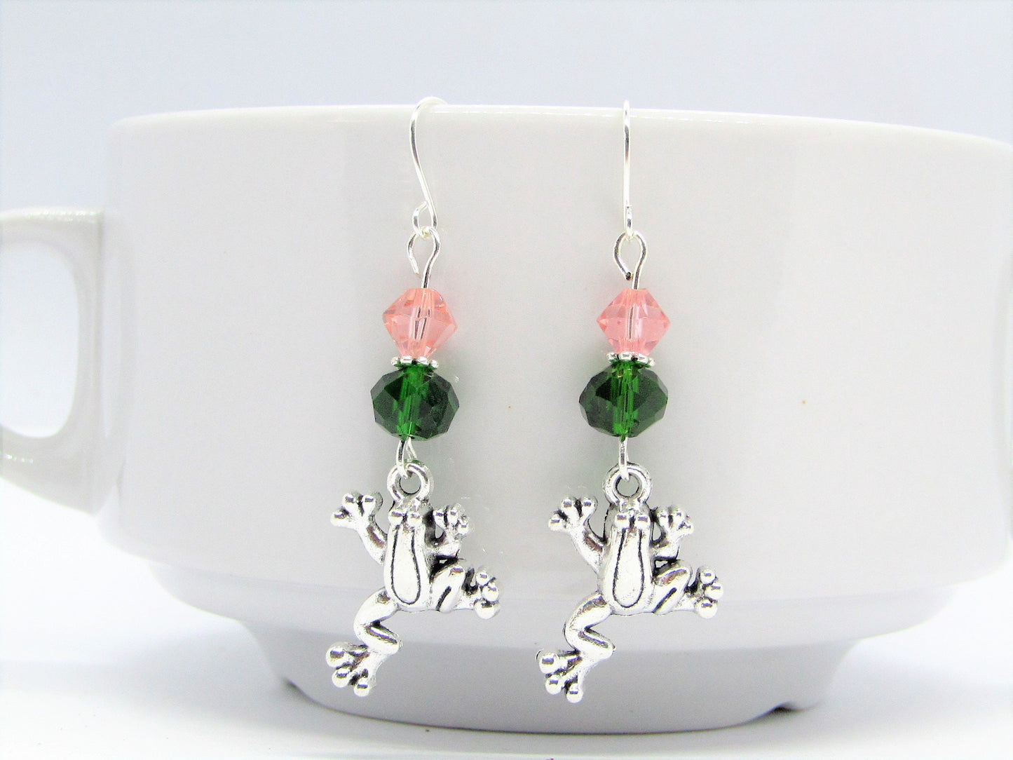 Frog Dangle Earrings: Green & Pink Glass Beads, Silver Toad Charm