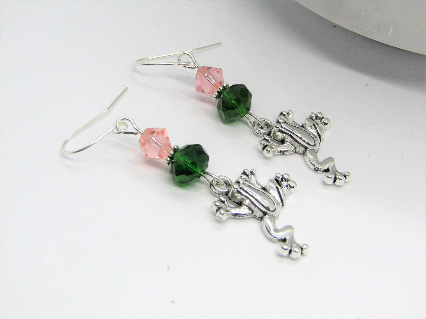 Frog Dangle Earrings: Green & Pink Glass Beads, Silver Toad Charm