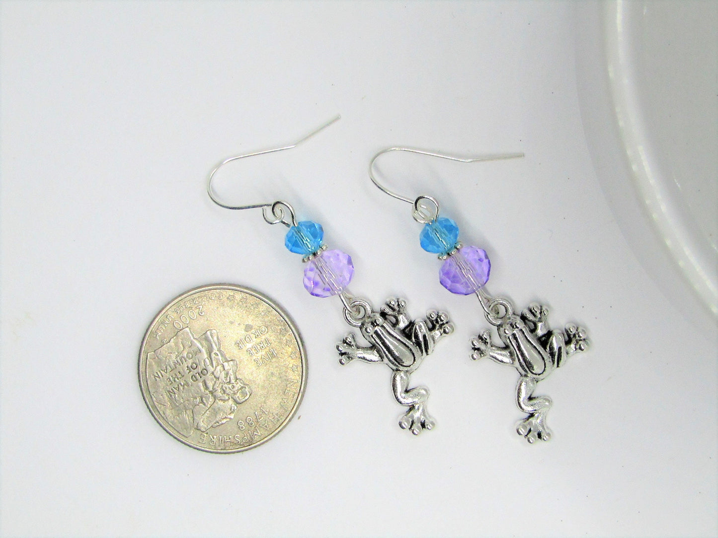 Frog Dangle Earrings: Blue Purple Glass Beads, Sterling Silver