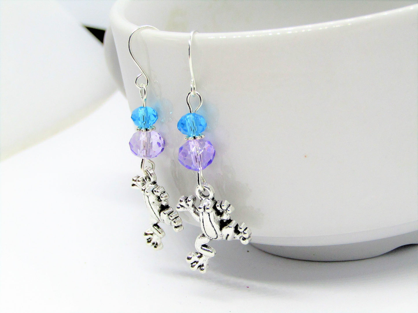 Frog Dangle Earrings: Blue Purple Glass Beads, Sterling Silver