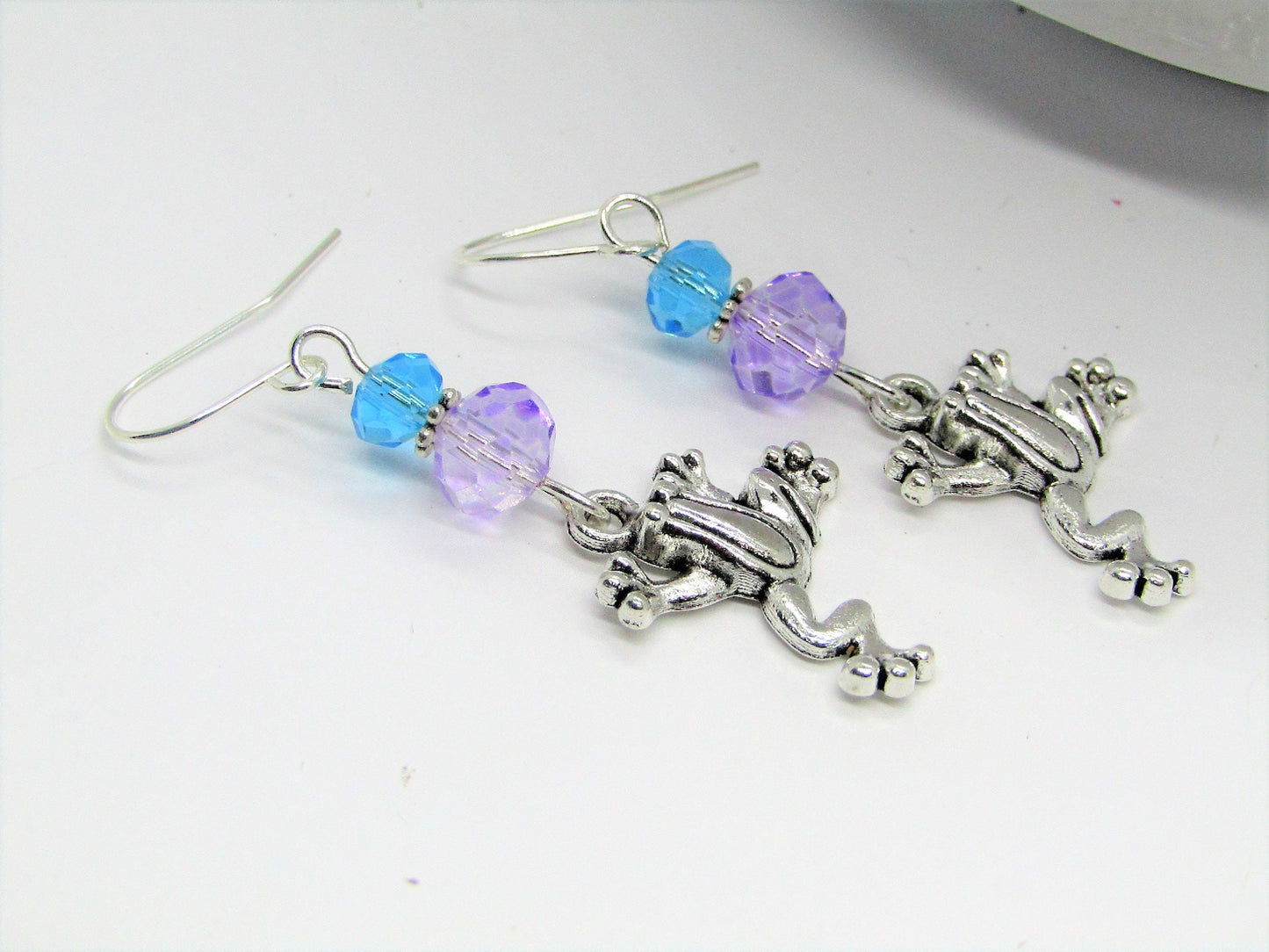 Frog Dangle Earrings: Blue Purple Glass Beads, Sterling Silver