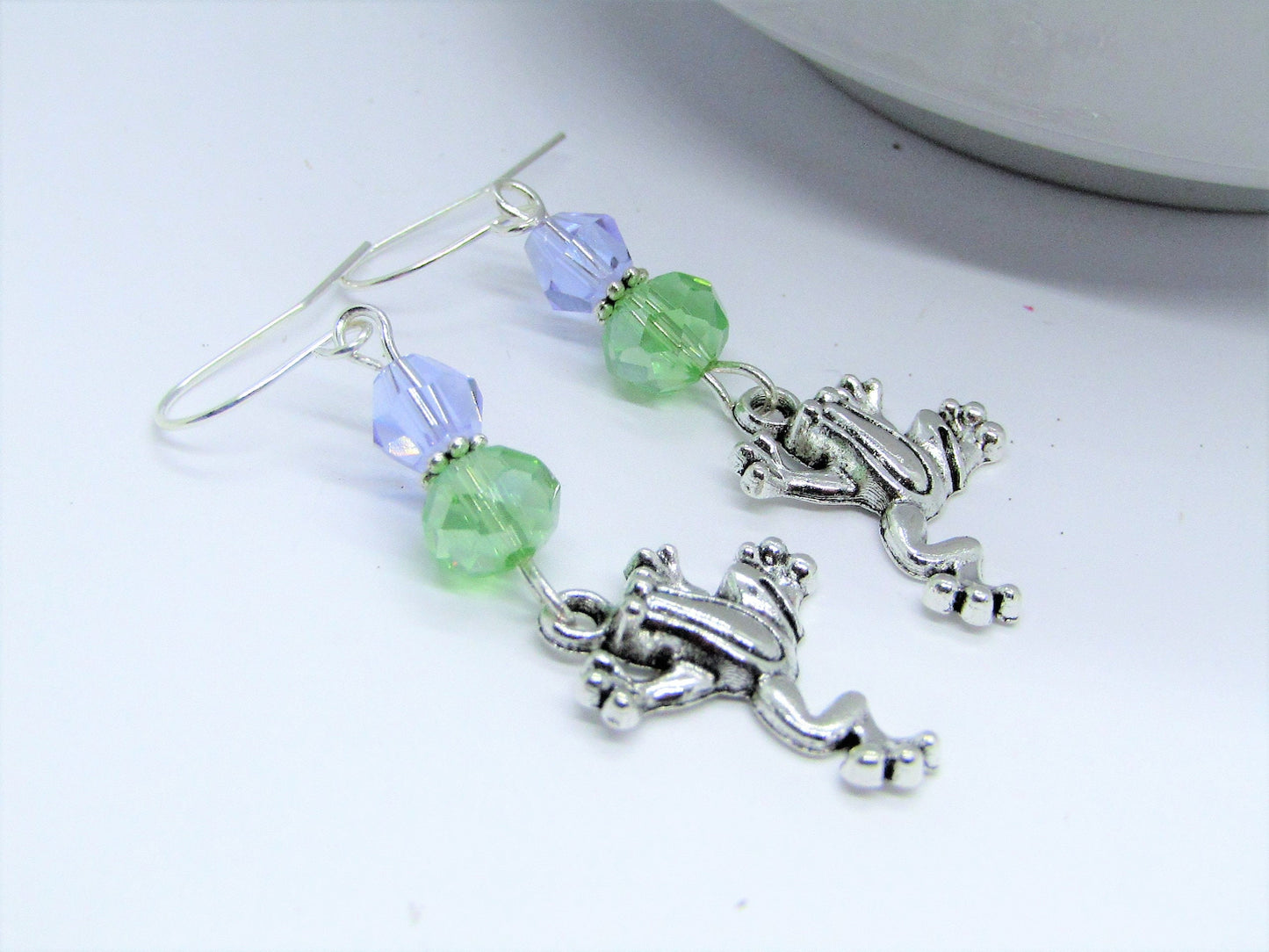 Frog Dangle Earrings: Green & Purple Glass Beads, Silver Plated