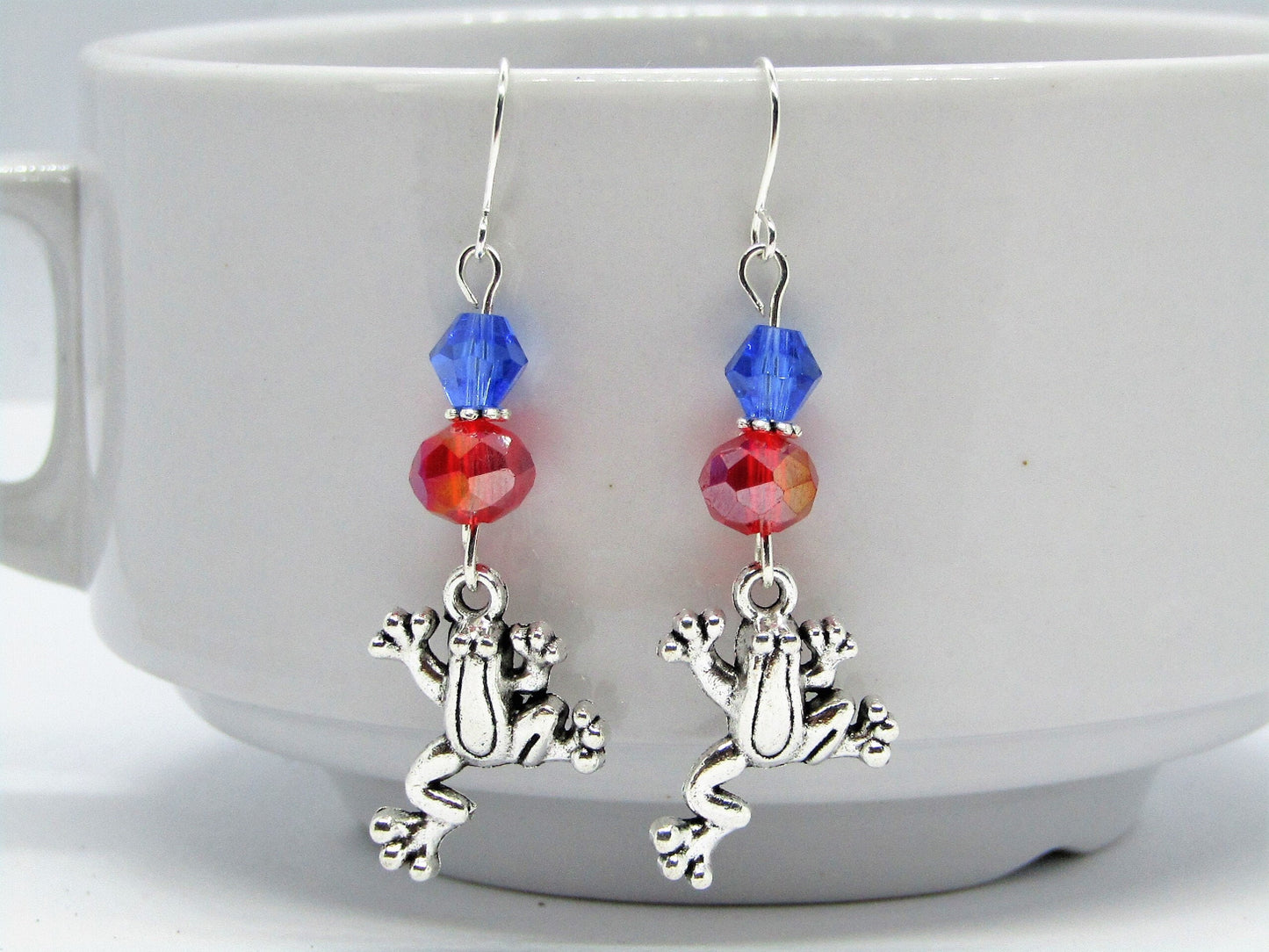 Frog Dangle Earrings: Red & Blue Glass, Stainless Steel Charm