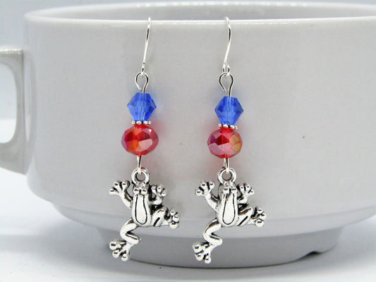 Frog Dangle Earrings: Red & Blue Glass, Stainless Steel Charm