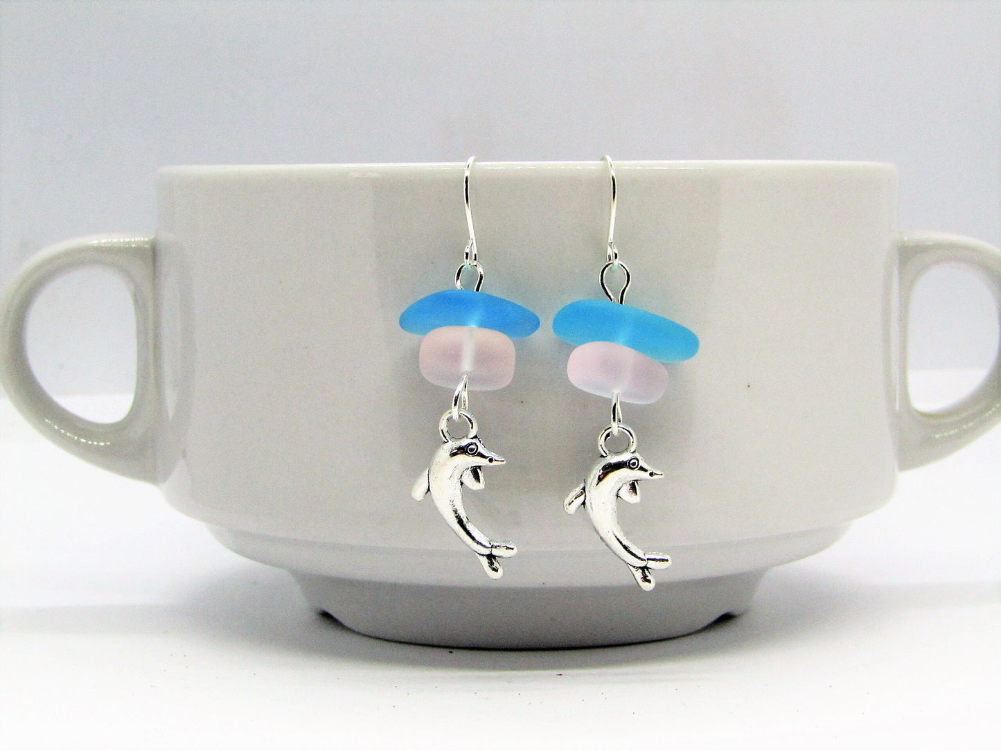 Dolphin Earrings: Frosted Seaglass & Silver Charm Jewelry