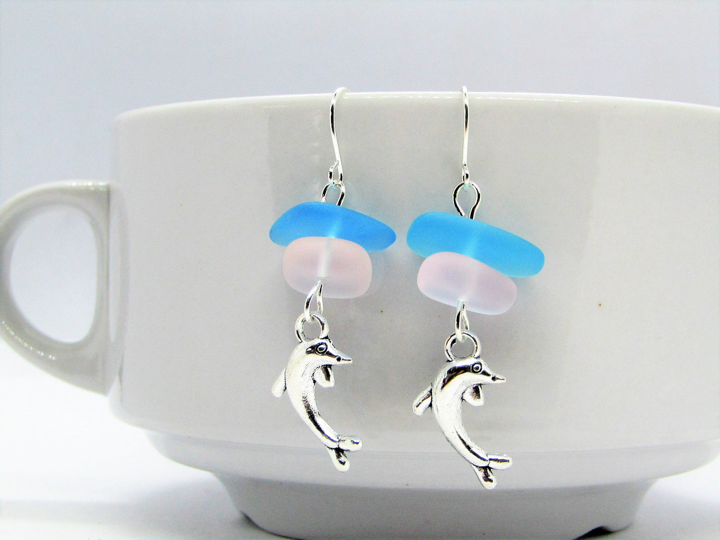 Dolphin Earrings: Frosted Seaglass & Silver Charm Jewelry