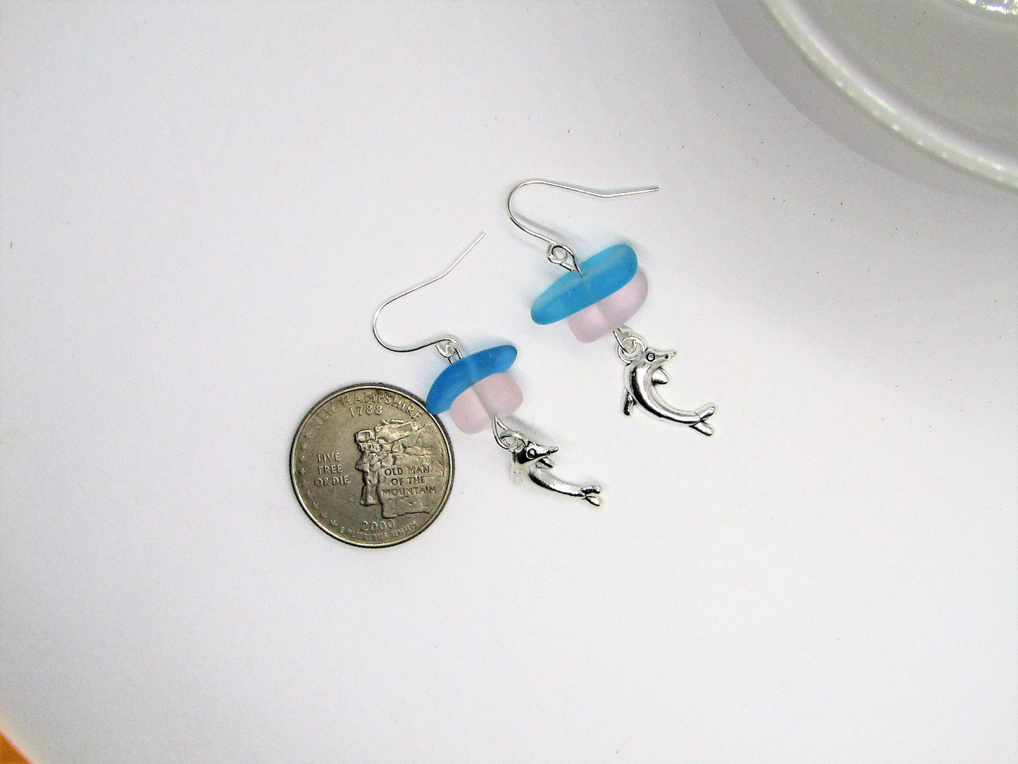 Dolphin Earrings: Frosted Seaglass & Silver Charm Jewelry