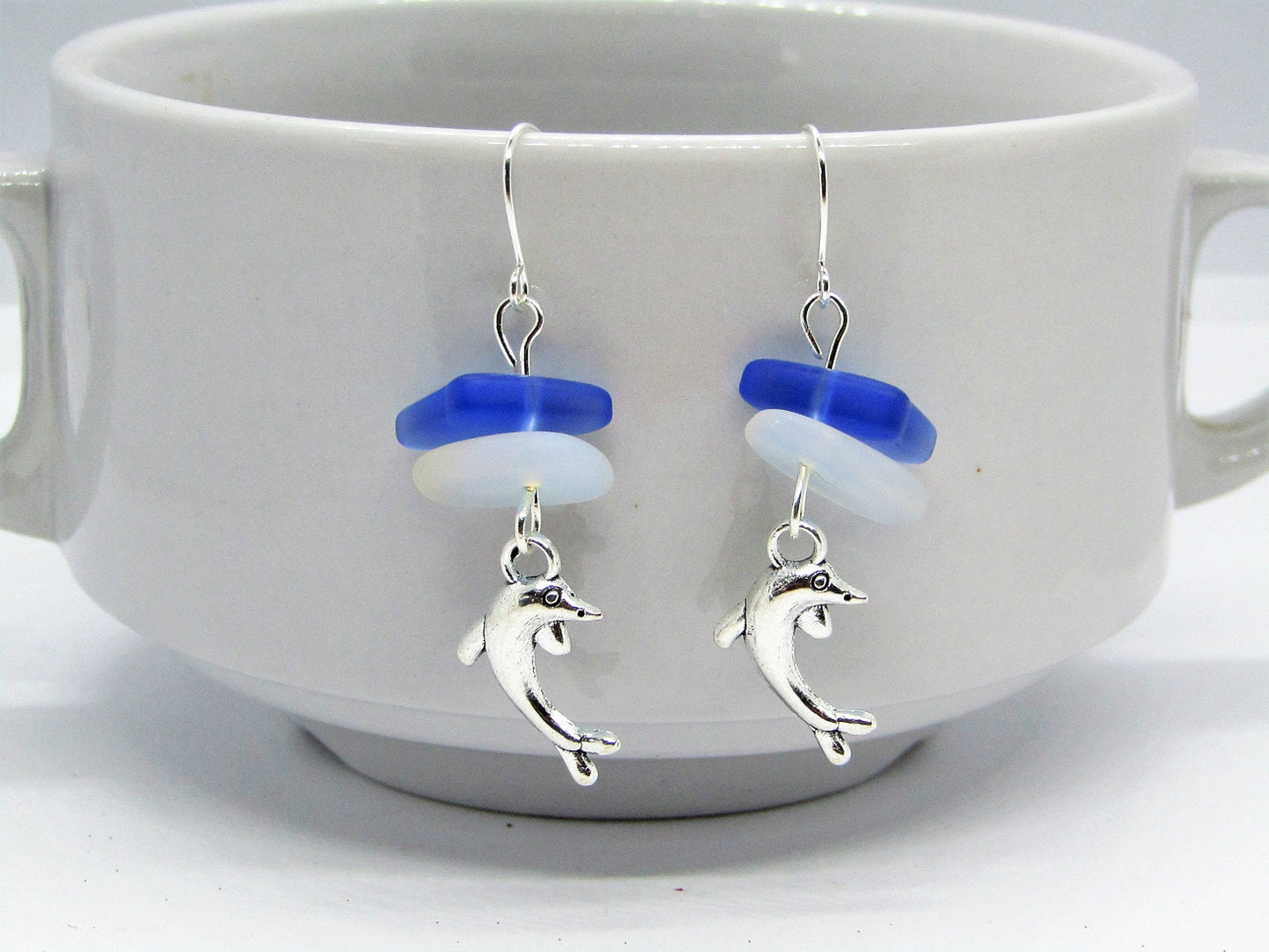 Dolphin Earrings: Frosted Sea Glass, Moonstone Opal & Sapphire Blue