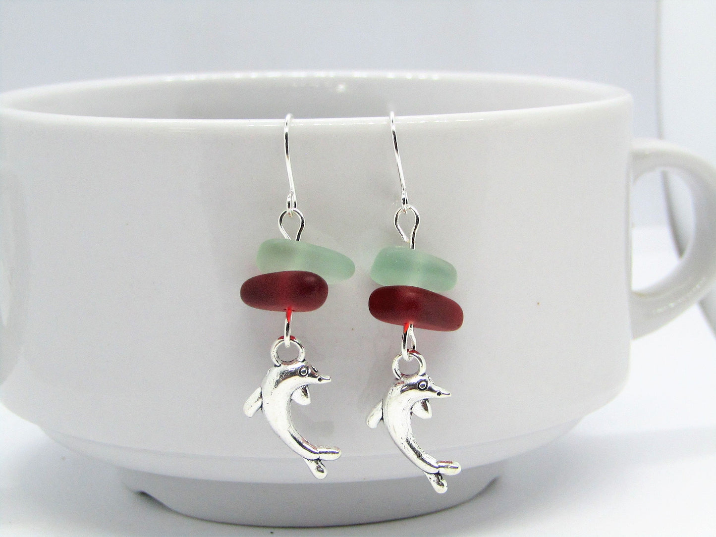Frosted Sea Glass Dolphin Earrings: Red & Sapphire Blue Pebble Dangles