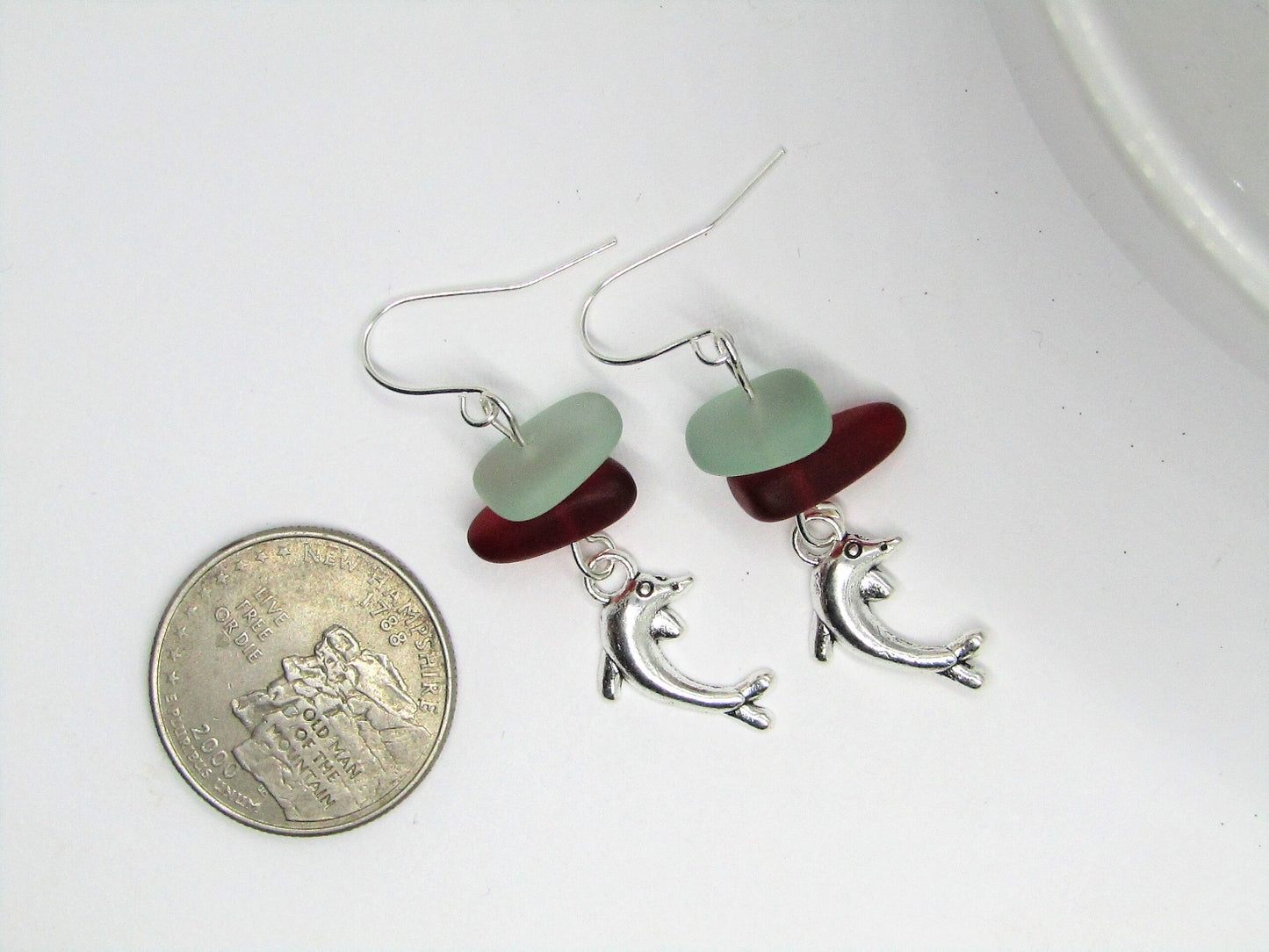 Frosted Sea Glass Dolphin Earrings: Red & Sapphire Blue Pebble Dangles