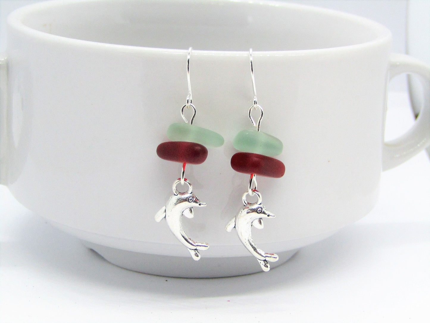 Frosted Sea Glass Dolphin Earrings: Red & Sapphire Blue Pebble Dangles
