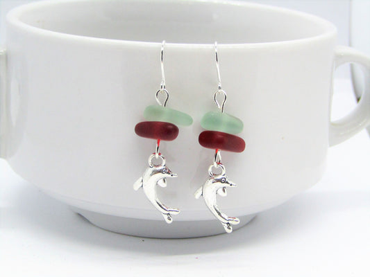 Frosted Sea Glass Dolphin Earrings: Red & Sapphire Blue Pebble Dangles