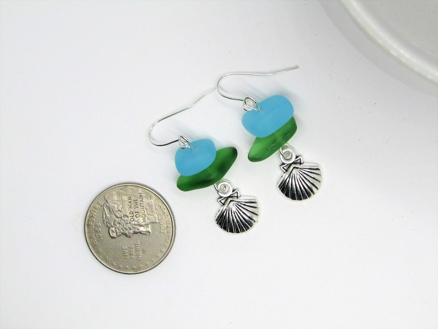 Frosted Sea Glass Earrings: Sterling Silver Seashell Charm Dangles