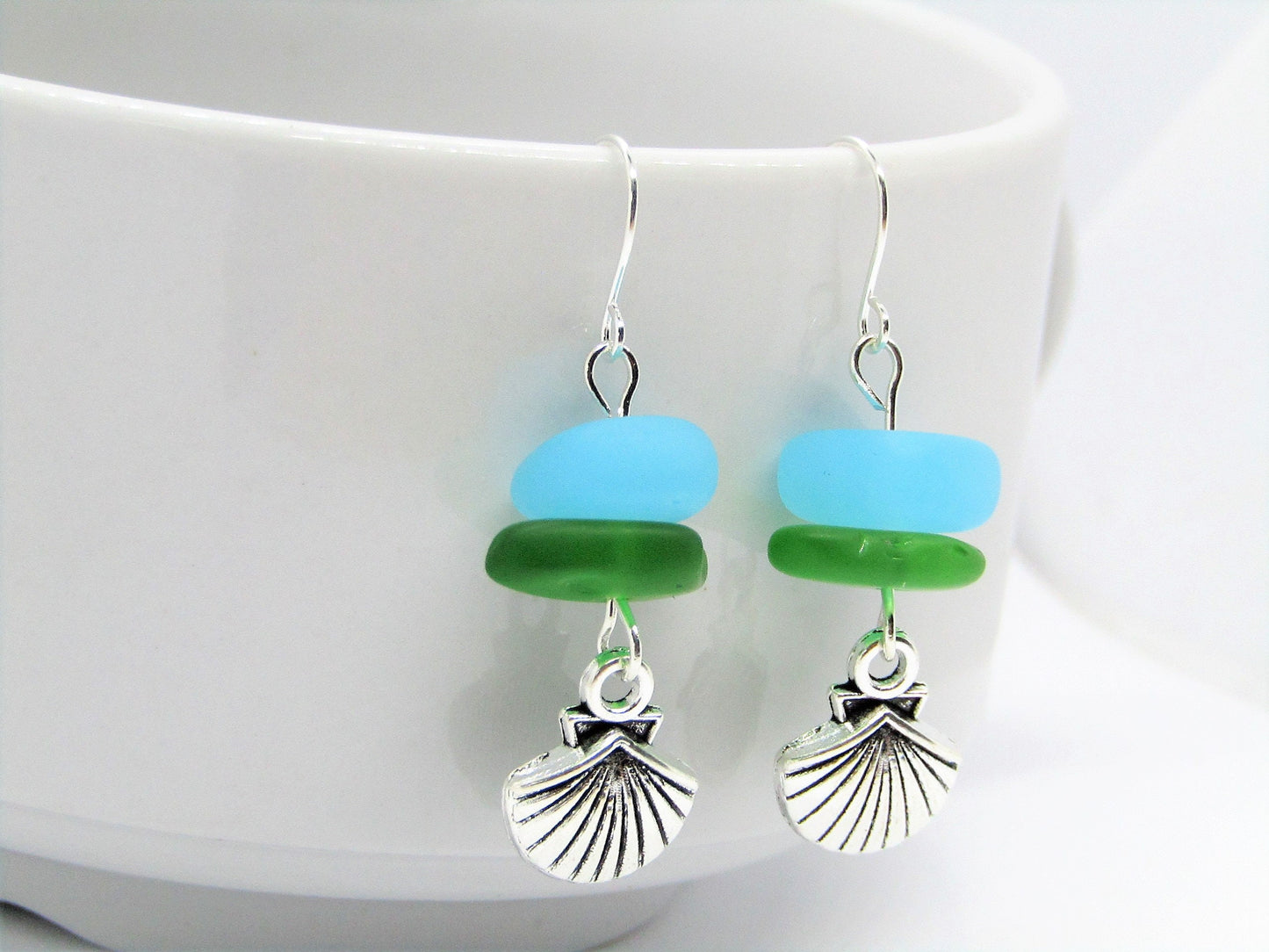 Frosted Sea Glass Earrings: Sterling Silver Seashell Charm Dangles