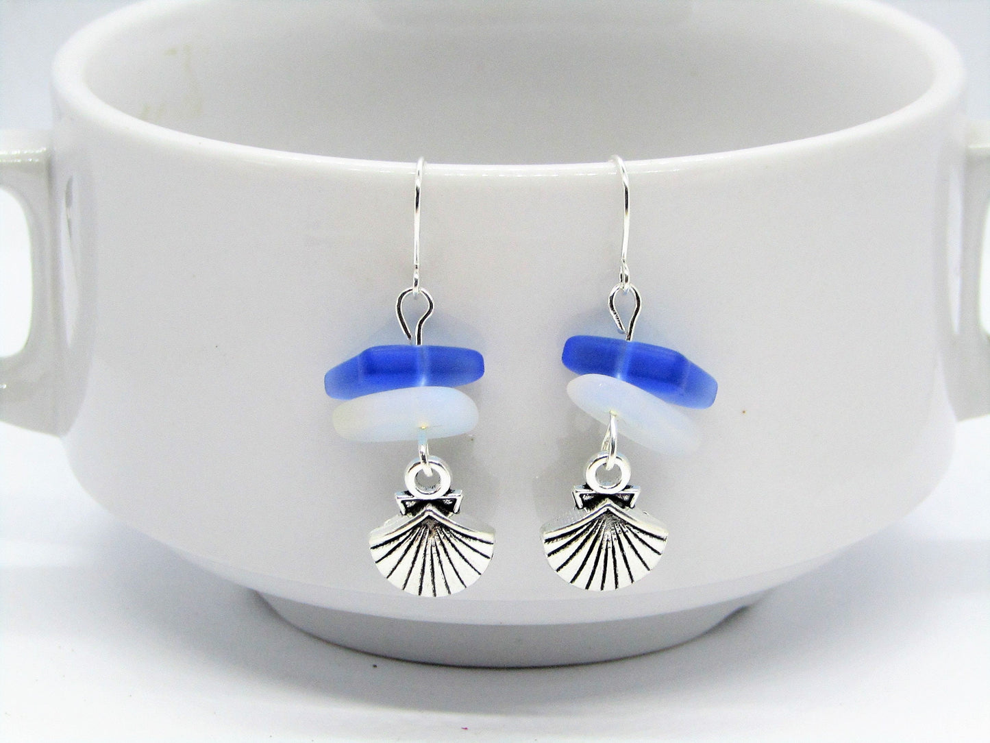 Frosted Sea Glass Earrings: Moonstone Opal, Sapphire Blue, Silver Seashell Charm