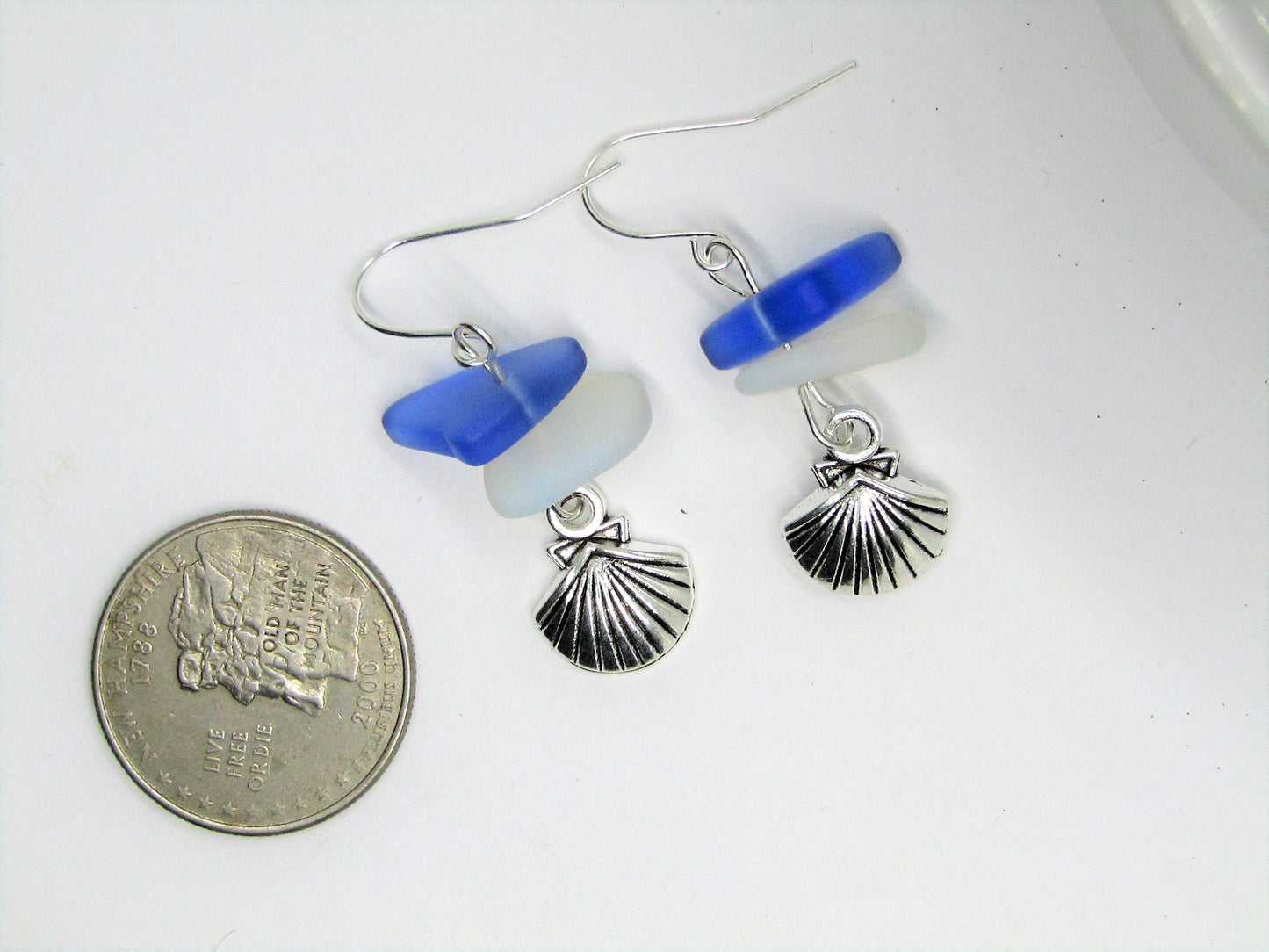 Frosted Sea Glass Earrings: Moonstone Opal, Sapphire Blue, Silver Seashell Charm