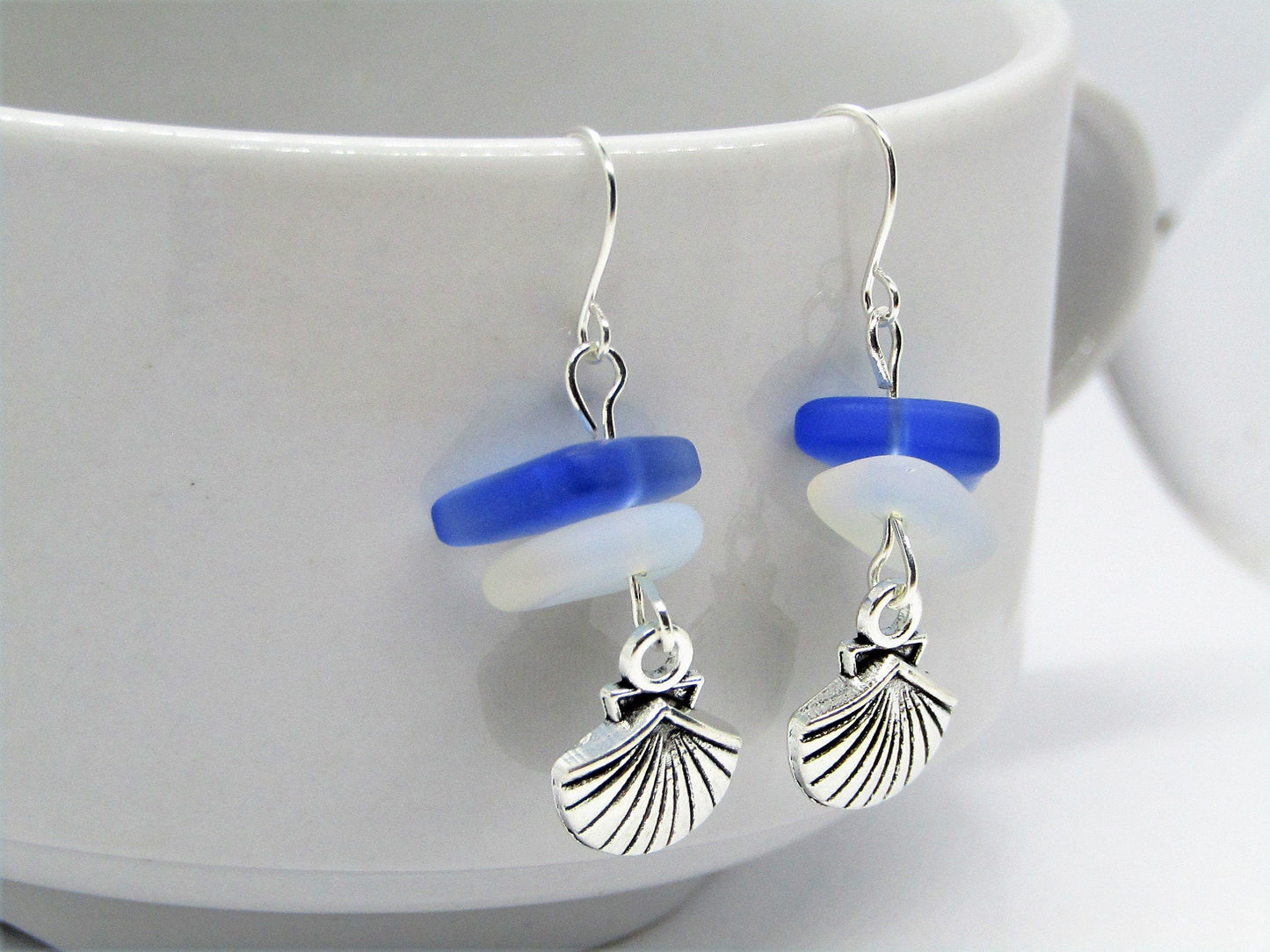 Frosted Sea Glass Earrings: Moonstone Opal, Sapphire Blue, Silver Seashell Charm
