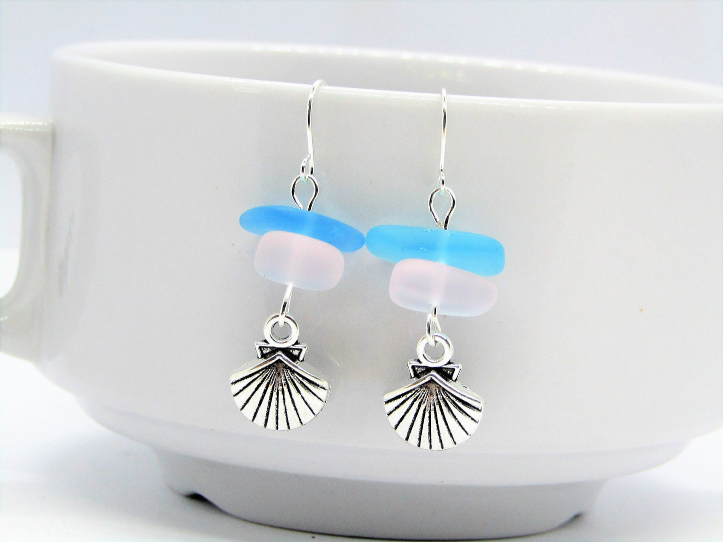 Frosted Sea Glass Earrings: Sterling Silver Seashell Dangle Earrings