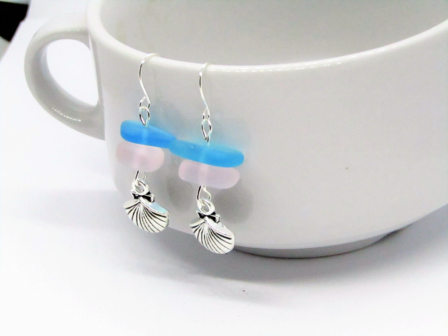 Frosted Sea Glass Earrings: Sterling Silver Seashell Dangle Earrings