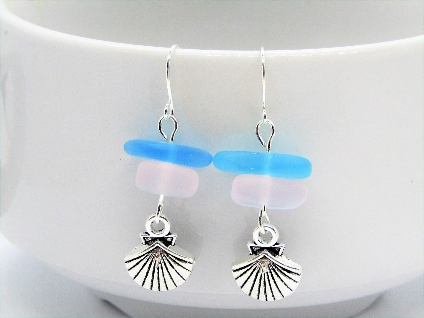 Frosted Sea Glass Earrings: Sterling Silver Seashell Dangle Earrings