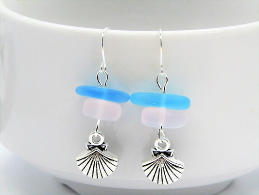 Frosted Sea Glass Earrings: Sterling Silver Seashell Dangle Earrings