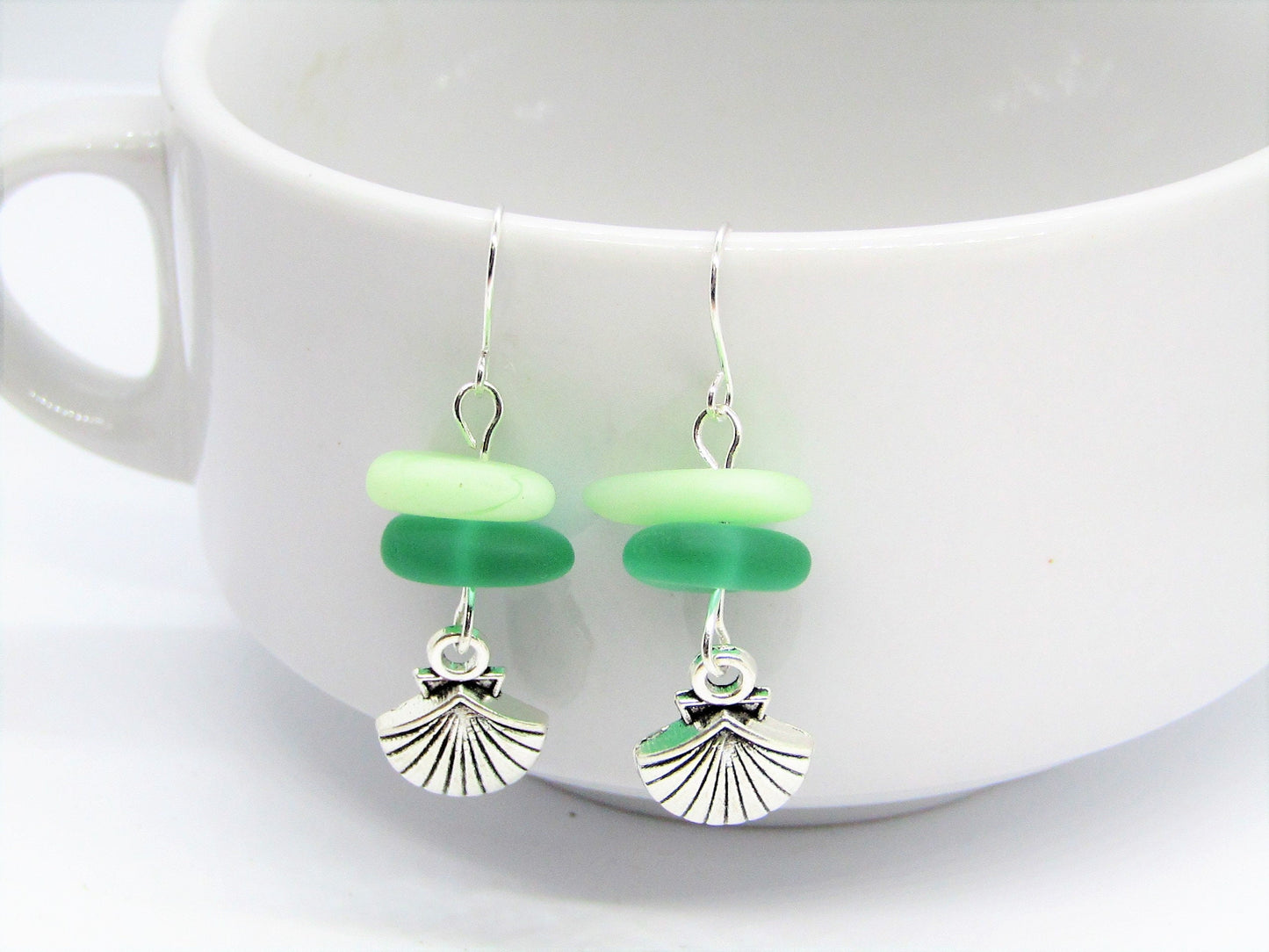 Mint Green Sea Glass Seashell Earrings • Coastal Dangle Earrings • Beachy Boho Jewelry • Ocean Lover Gift • Handmade Everyday Earrings