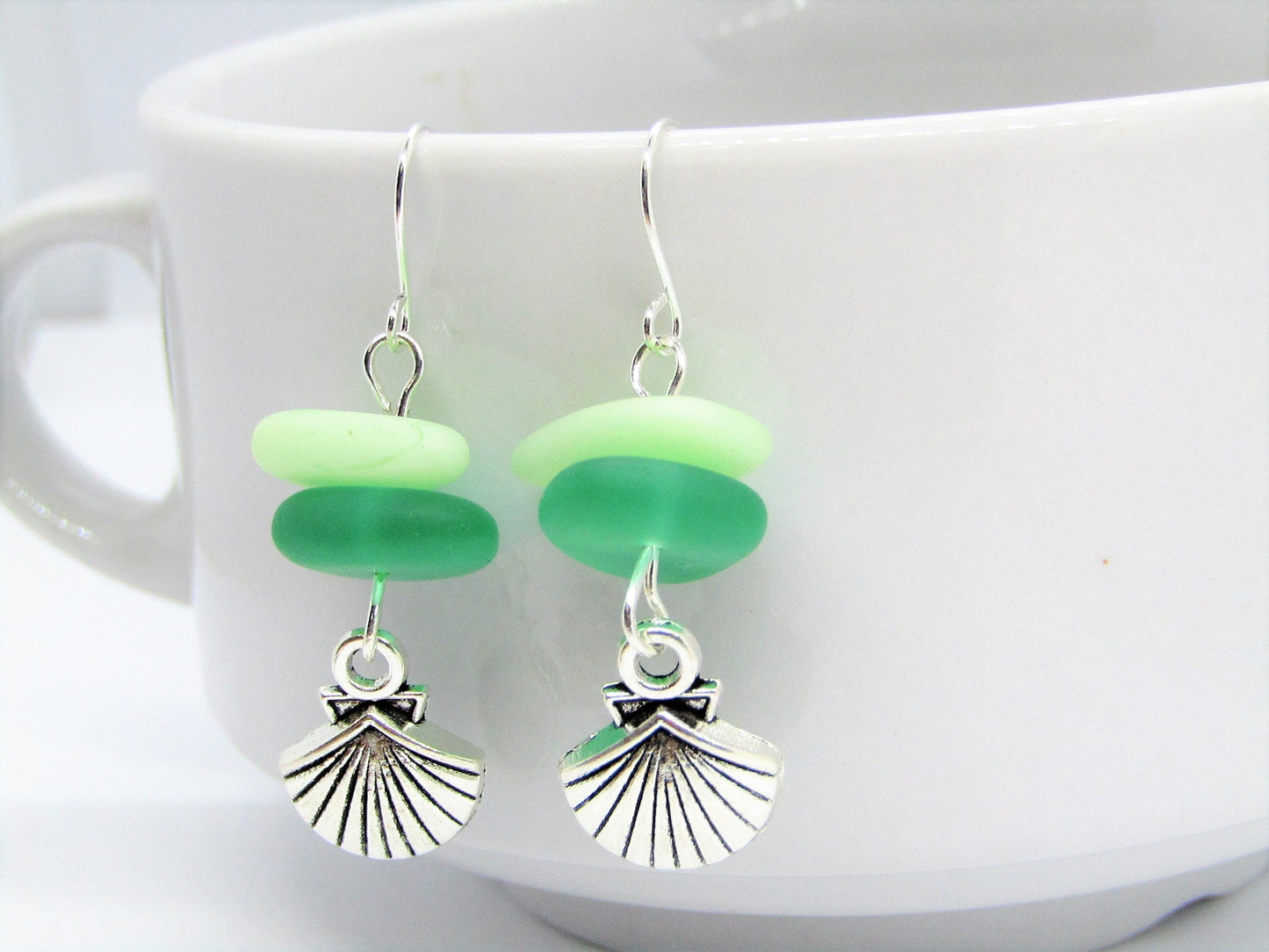 Mint Green Sea Glass Seashell Earrings • Coastal Dangle Earrings • Beachy Boho Jewelry • Ocean Lover Gift • Handmade Everyday Earrings