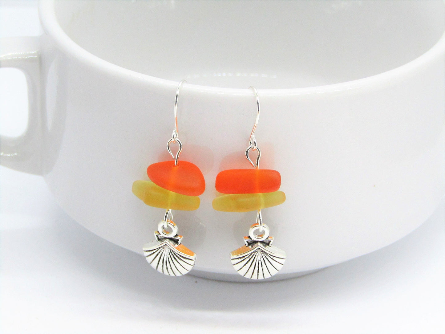 Sterling Silver Sea Glass Earrings: Seashell Charm Dangle Earrings
