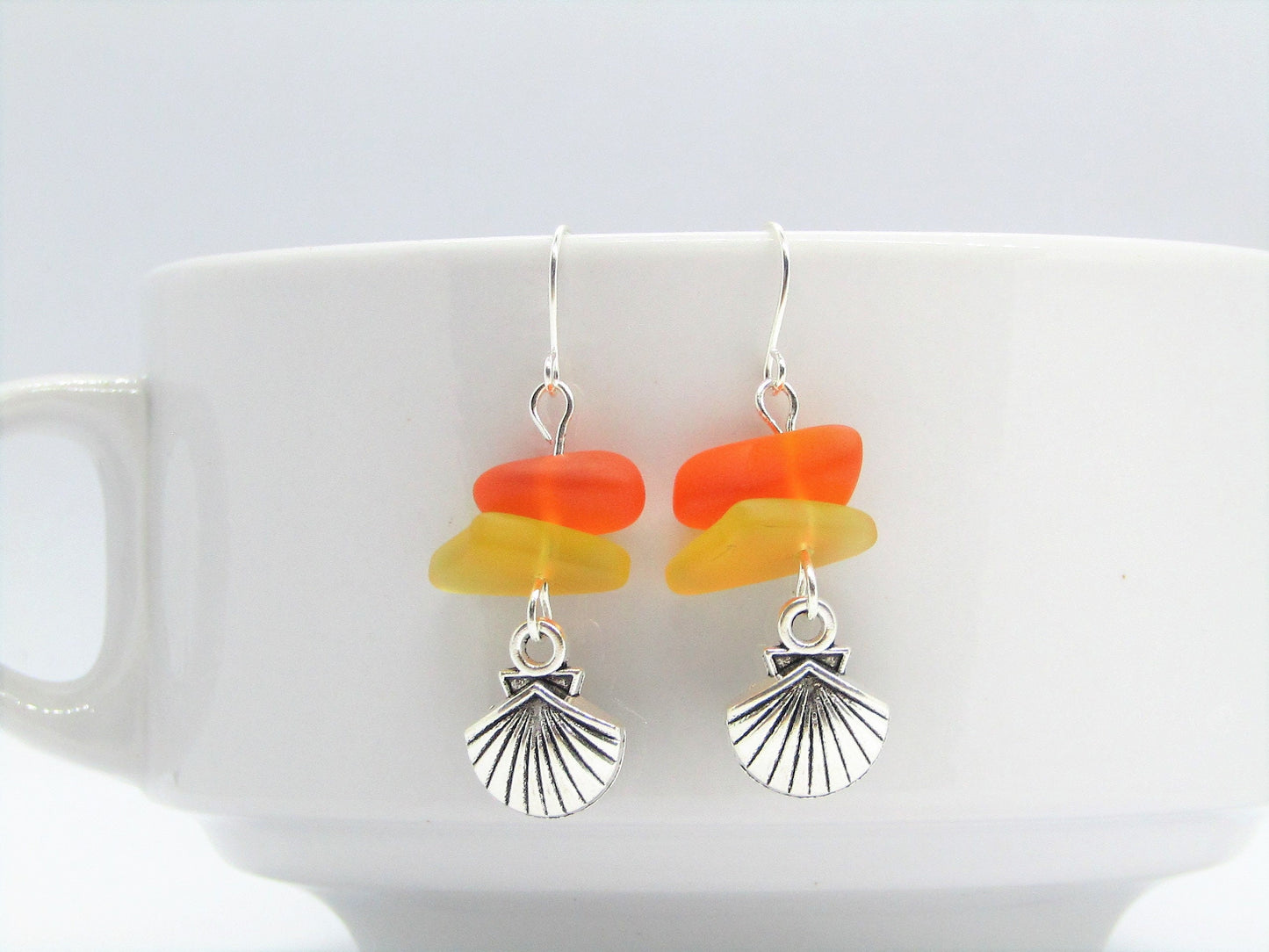 Sterling Silver Sea Glass Earrings: Seashell Charm Dangle Earrings