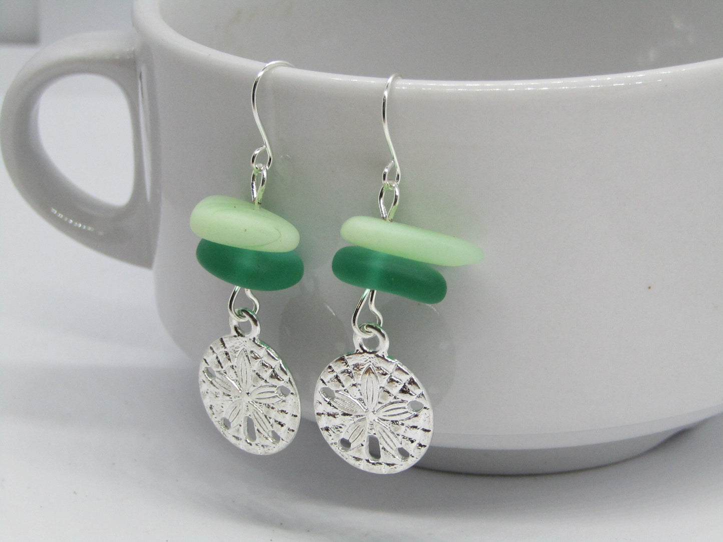 Frosted Sea Glass Earrings: Silver Sand Dollar Dangles