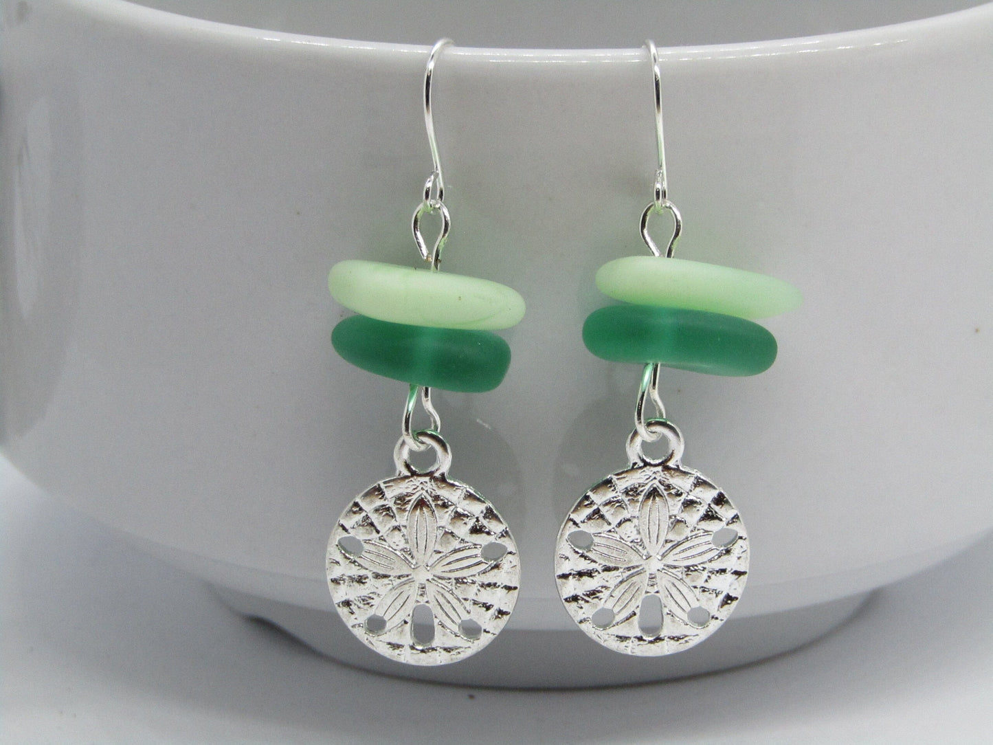 Frosted Sea Glass Earrings: Silver Sand Dollar Dangles