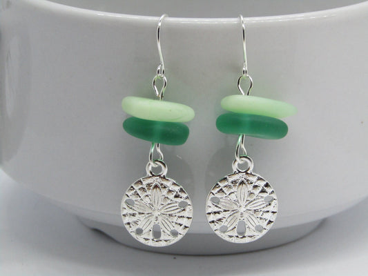 Frosted Sea Glass Earrings: Silver Sand Dollar Dangles