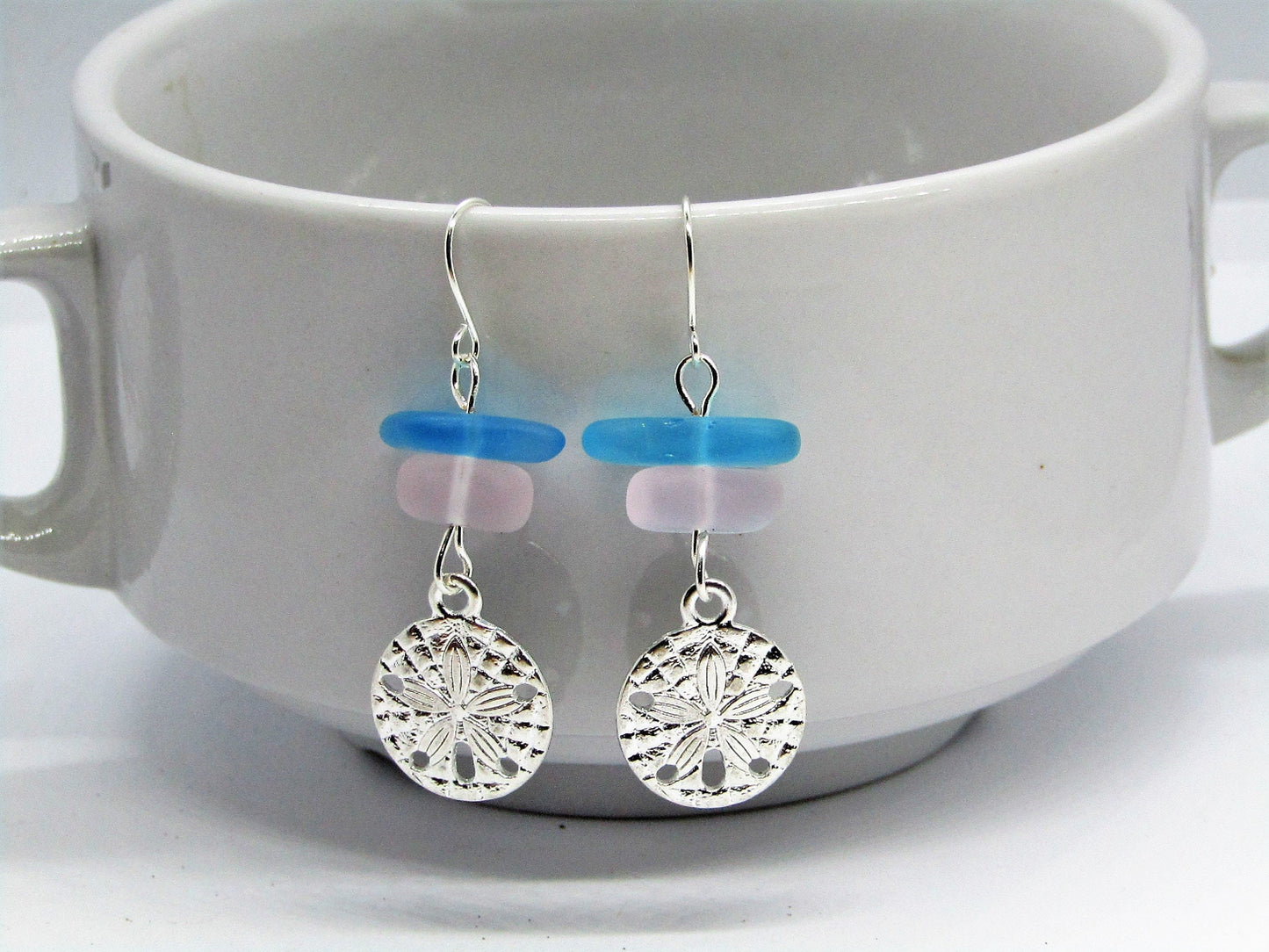 Sea Glass Earrings: Sterling Silver Sand Dollar Dangle Earrings