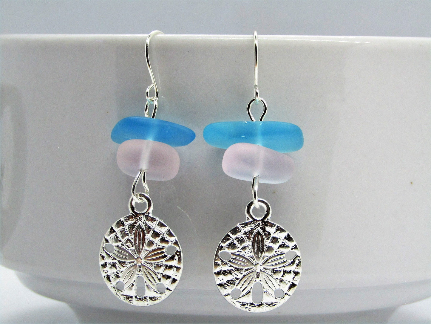 Sea Glass Earrings: Sterling Silver Sand Dollar Dangle Earrings
