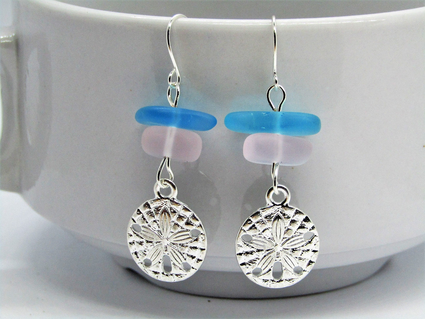 Sea Glass Earrings: Sterling Silver Sand Dollar Dangle Earrings