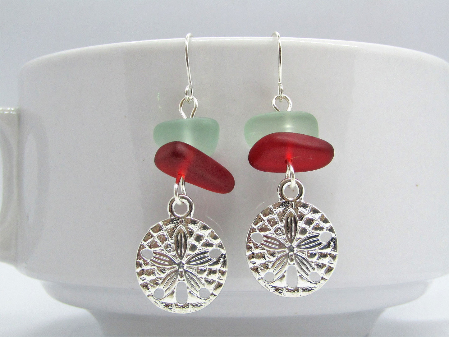 Frosted Sea Glass Earrings: Red & Blue Pebble, Silver Sand Dollar Charm