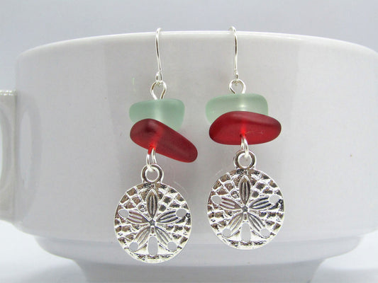 Frosted Sea Glass Earrings: Red & Blue Pebble, Silver Sand Dollar Charm
