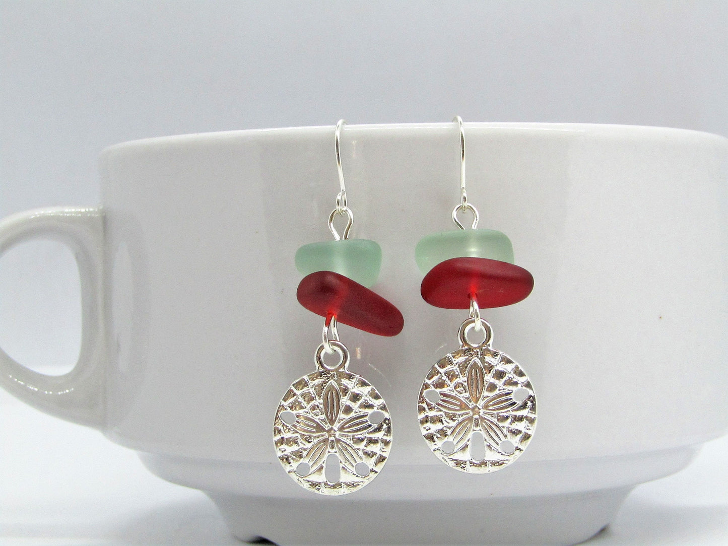 Frosted Sea Glass Earrings: Red & Blue Pebble, Silver Sand Dollar Charm